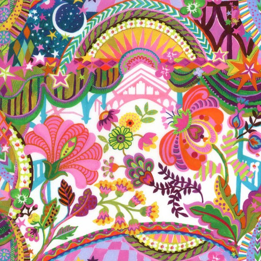 Colorful abstract design with flowers and patterns on a white background