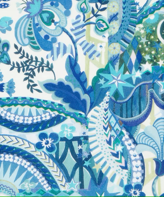 Colorful fabric pattern with blue, green, and white design elements.