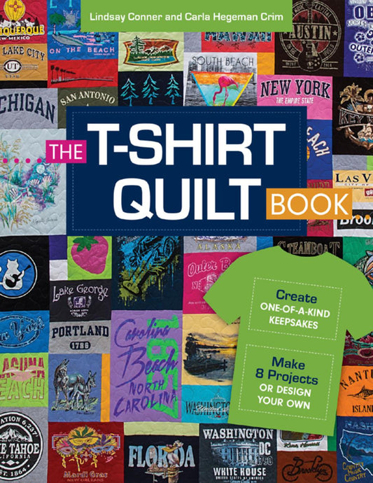 Cover of 'The T-Shirt Quilt Book' with a collage of various t-shirt designs.