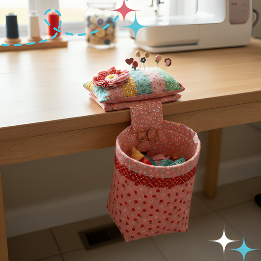 Fabric pin cushion with colorful flowers on a wooden table.