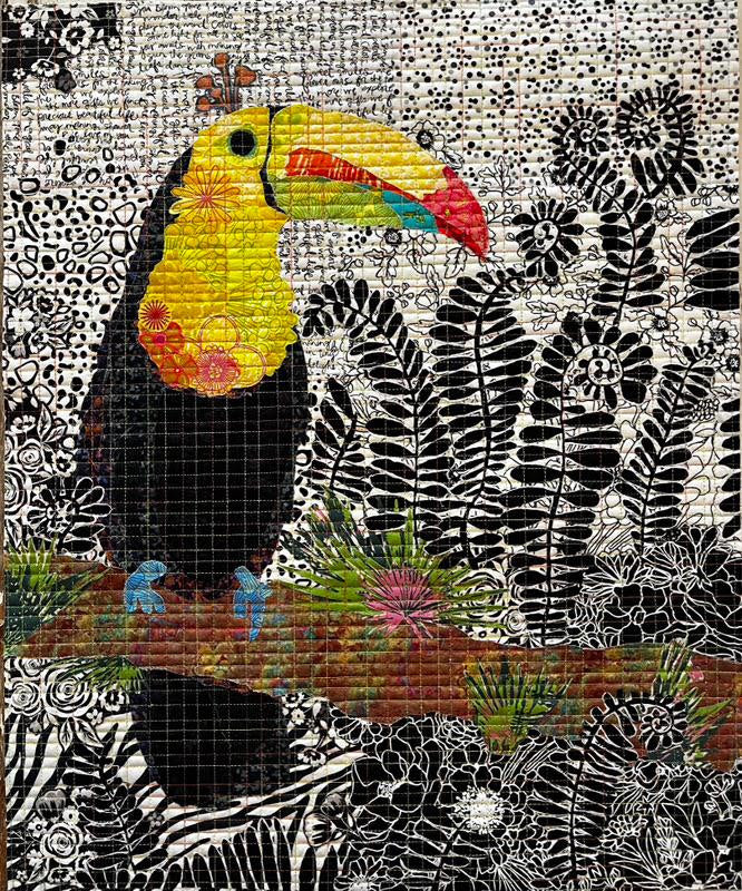 Toucan mosaic with black, white, and colorful patterns
