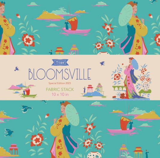Tilda Bloomsville fabric stack with colorful characters and scenery on a teal background