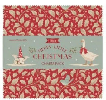 Fabric charm pack with Christmas design featuring holly leaves and a goose, on a red and white patterned background.