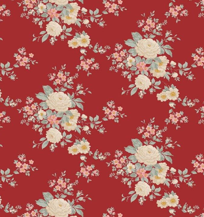 Tilda Merry Little Christmas Coral Burgundy fabric TIL100622 premium quilting cotton in coral burgundy holiday print.