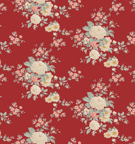 Tilda Merry Little Christmas Coral Burgundy fabric TIL100622 premium quilting cotton in coral burgundy holiday print.