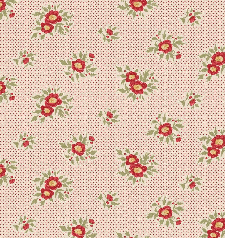 Floral pattern with red flowers and green leaves on a beige background