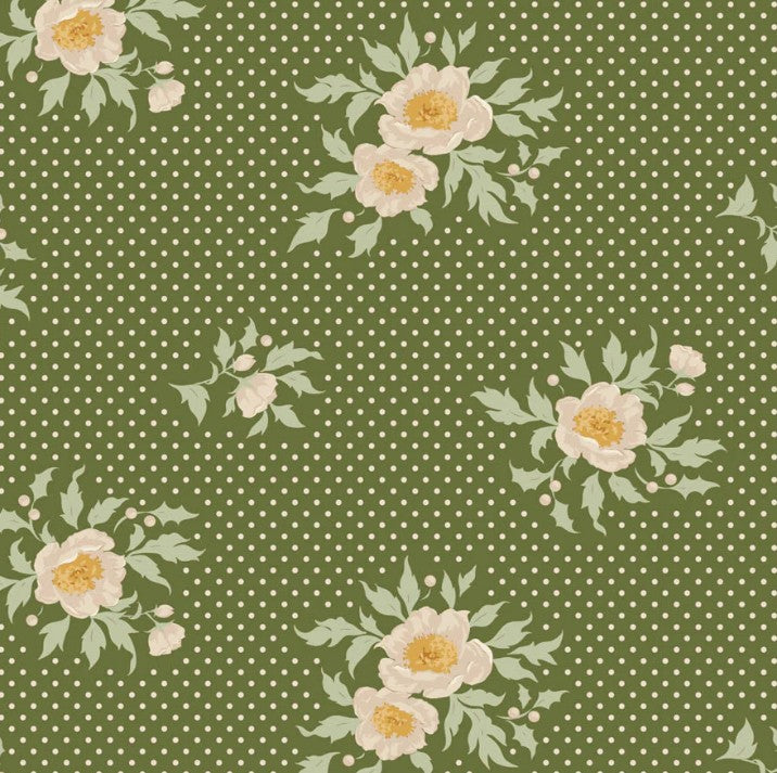 Floral pattern with white flowers and green leaves on a green background