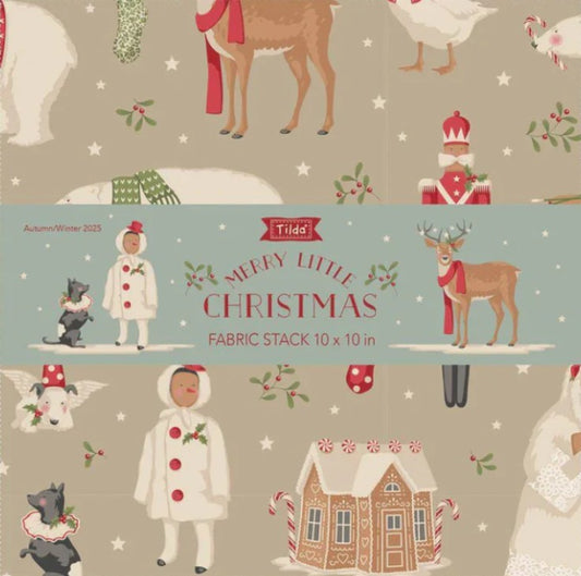 Christmas-themed fabric stack with illustrations of animals and a child in a coat on a beige background.