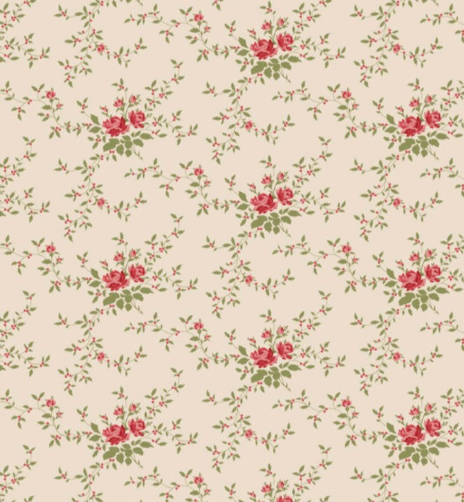Floral pattern with red flowers and green leaves on a beige background