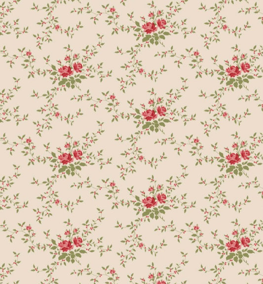 Floral pattern with red flowers and green leaves on a beige background