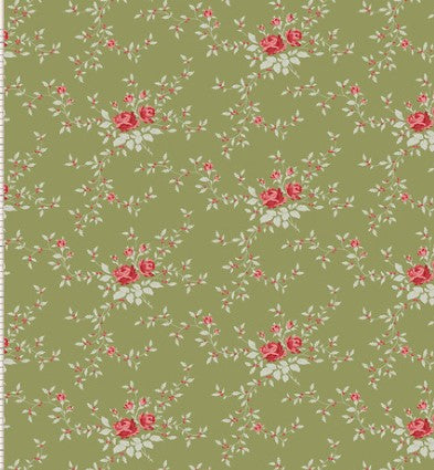 Floral pattern with red roses and green leaves on a green background