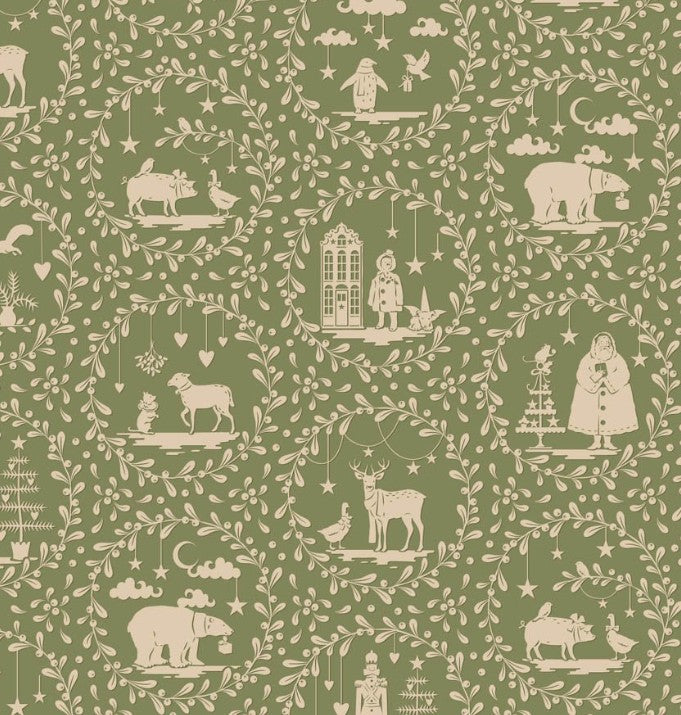 Tilda Merry Little Christmas Paperscenes Artichoke fabric in muted artichoke green with Scandinavian holiday scenes including reindeer, children, houses, snowflakes, and festive motifs. Premium 100% cotton, 44–45 inches wide, ideal for Christmas quilts and sewing projects.