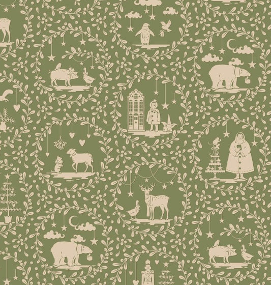 Tilda Merry Little Christmas Paperscenes Artichoke fabric in muted artichoke green with Scandinavian holiday scenes including reindeer, children, houses, snowflakes, and festive motifs. Premium 100% cotton, 44–45 inches wide, ideal for Christmas quilts and sewing projects.