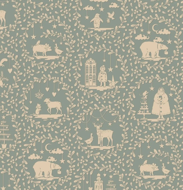 Patterned fabric with illustrations of animals, people, and objects on a teal background