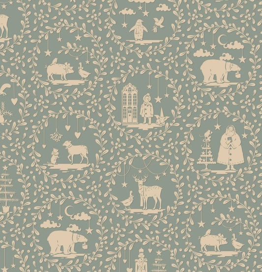 Patterned fabric with illustrations of animals, people, and objects on a teal background