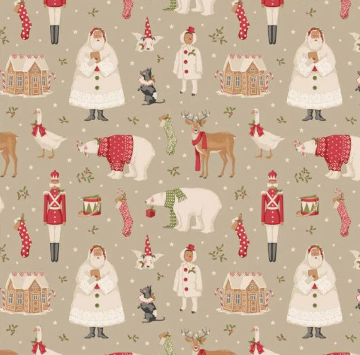 Christmas-themed fabric pattern with Santa Claus, reindeer, and other holiday elements on a beige background.
