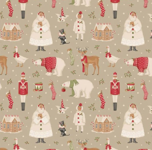 Christmas-themed fabric pattern with Santa Claus, reindeer, and other holiday elements on a beige background.