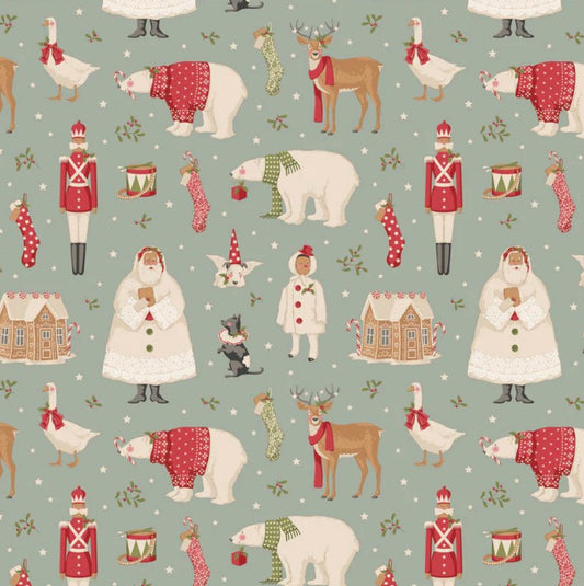 Christmas-themed fabric pattern with various holiday characters on a light green background.