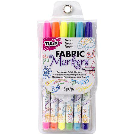 Pack of Tulip Neon Fabric Markers with colorful caps on a white background