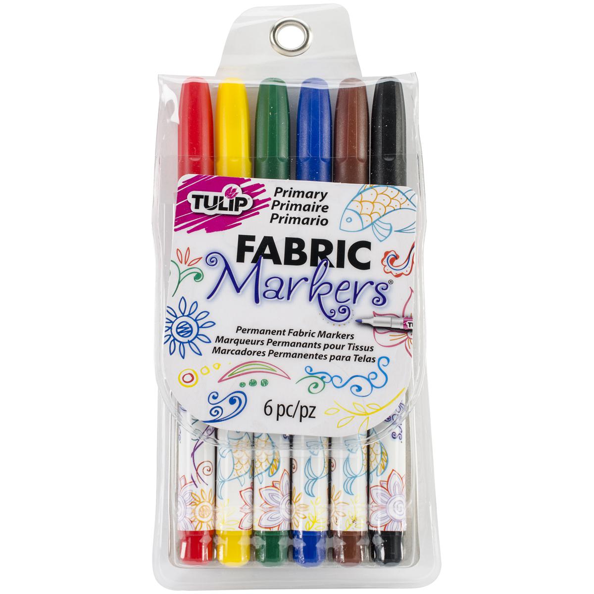 Pack of Tulip Primary Fabric Markers with six colors on a white background