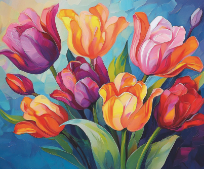 Colorful tulips painting with vibrant colors on a blue background
