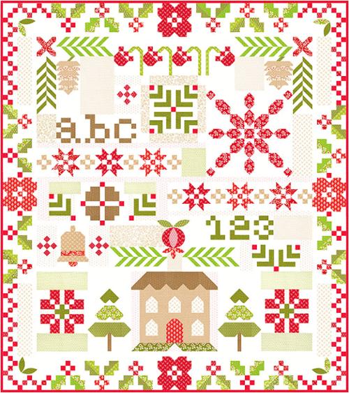 Quilt pattern with red, green, and beige colors featuring house, trees, and geometric shapes.