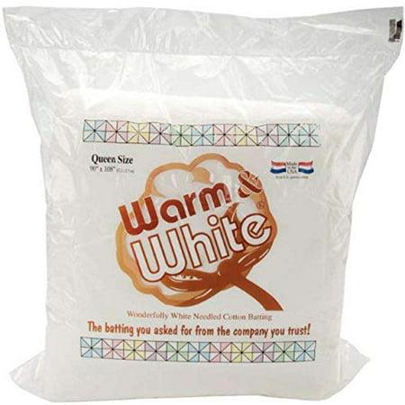 Bag of Warm & White cotton batting with branding and size information.