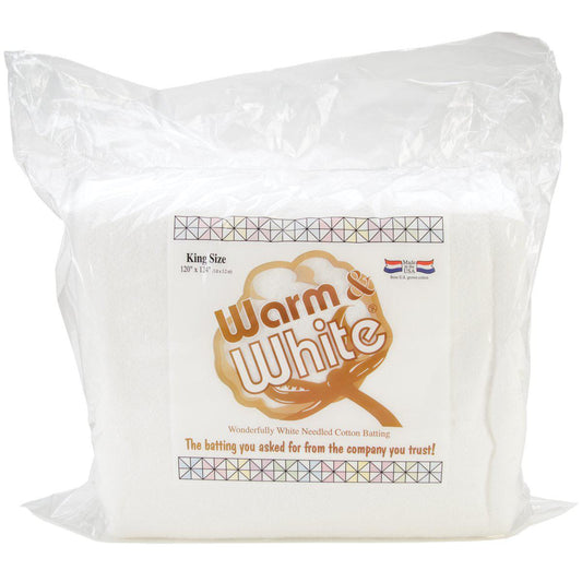 Bag of Warm White batting with branding and product details on a white background