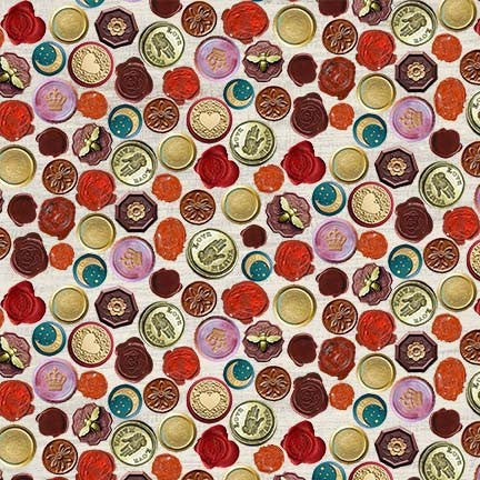 Pattern of colorful wax seals and roses on a white background
