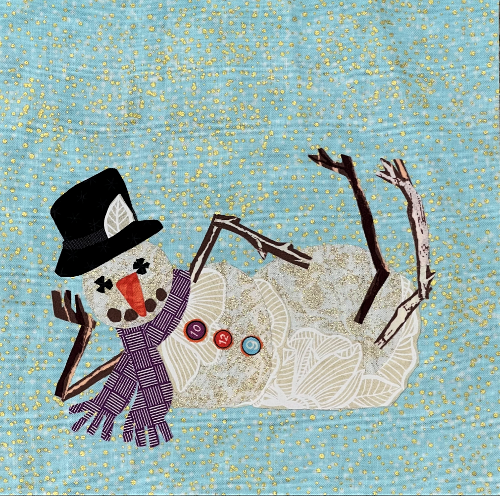 Artistic depiction of a snowman with a top hat and scarf on a blue background with yellow stars.
