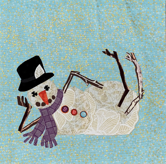 Artistic depiction of a snowman with a top hat and scarf on a blue background with yellow stars.