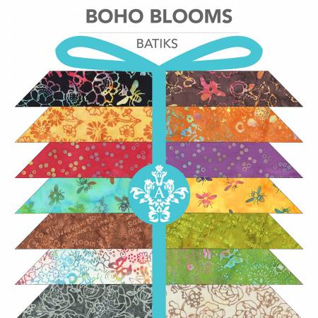 Collection of colorful batik fabric strips arranged in a decorative bow on a white background with 'Boho Blooms' text.