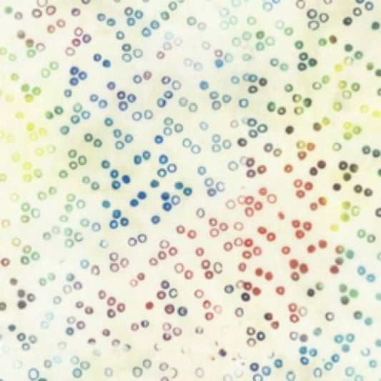 Pattern of small, multicolored circles on a light background