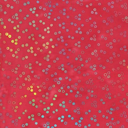 Red fabric with small colorful circles pattern
