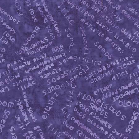 Textured purple fabric with printed plant names on a patterned background