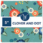 Floral fabric swatch with 'Clover and Dot' branding on a blue background