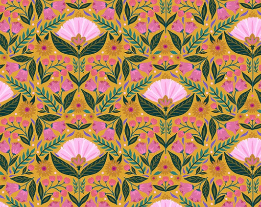 Floral pattern with pink flowers and green leaves on a yellow background