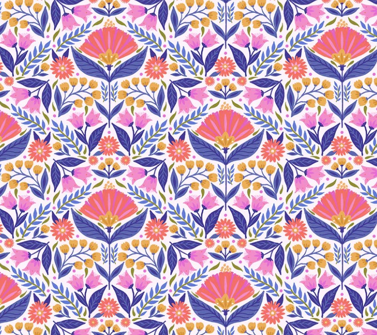 Patterned fabric with pink, purple, and orange flowers on a blue background