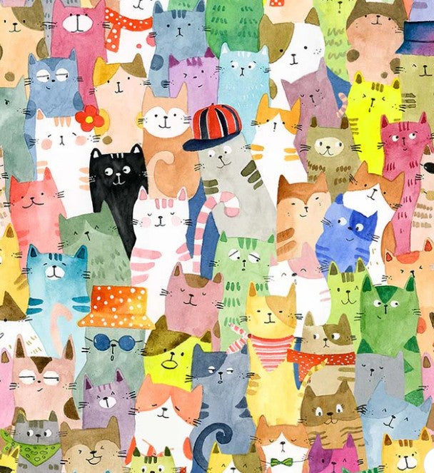 Pattern of colorful cartoon cats in various poses and outfits.