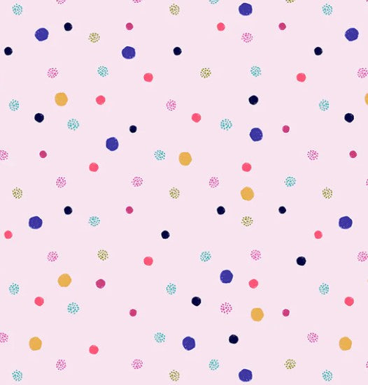 Pattern of colorful polka dots on a pink background