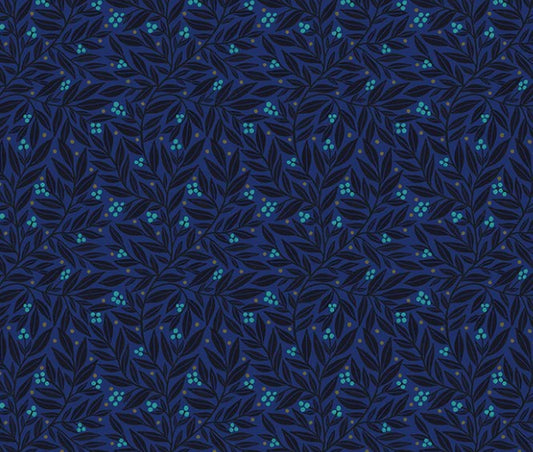 Dark blue fabric with subtle leaf pattern