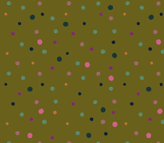 Pattern of colorful polka dots on a green background