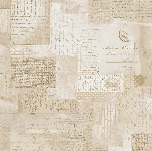 Textured paper with handwritten text and vintage stamps in a patchwork pattern.