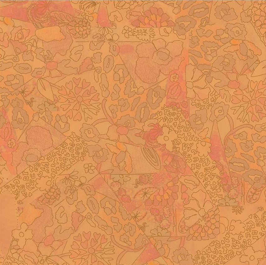 Patterned paper with floral and geometric designs on a warm brown background