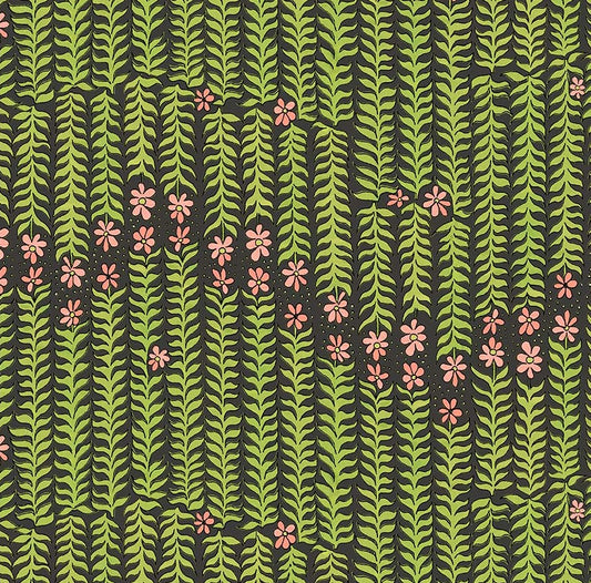 Pattern of green leaves and pink flowers on a black background