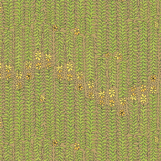 Pattern of green leaves and yellow flowers on a brown background