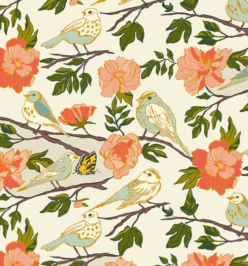 Pattern of birds, flowers, and leaves on a beige background