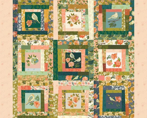 Patchwork quilt with floral and bird patterns on a beige background