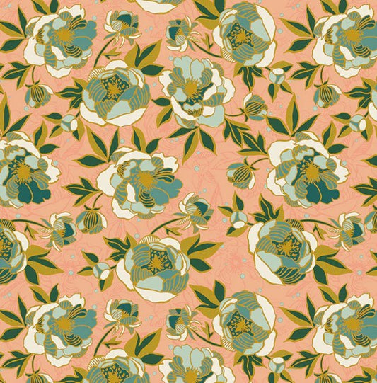 Floral pattern with green and blue flowers on a pink background