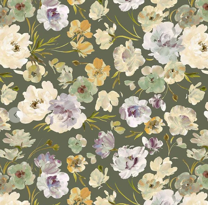 Floral pattern with white, purple, and yellow flowers on a green background